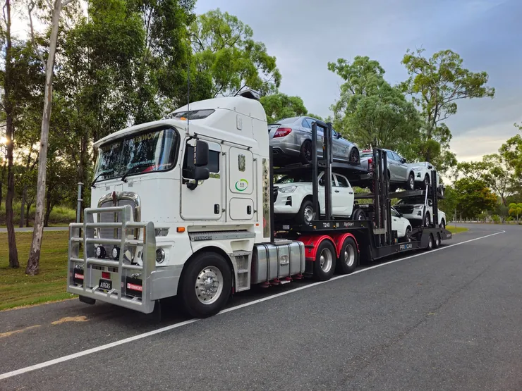 Car carrier truck loaded with cars on two decks, parked at the side of a road