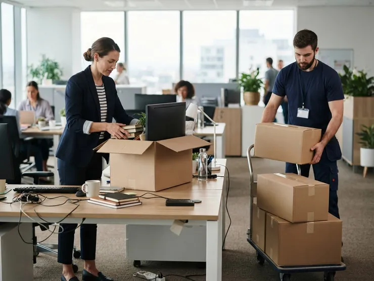 Employée qui emballe son bureau dans une boîte pendant qu’un déménageur empile des boîtes sur un chariot