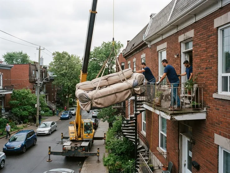 Canapé emballé hissé par une grue jusqu’au balcon du troisième étage d’un triplex montréalais à escalier extérieur