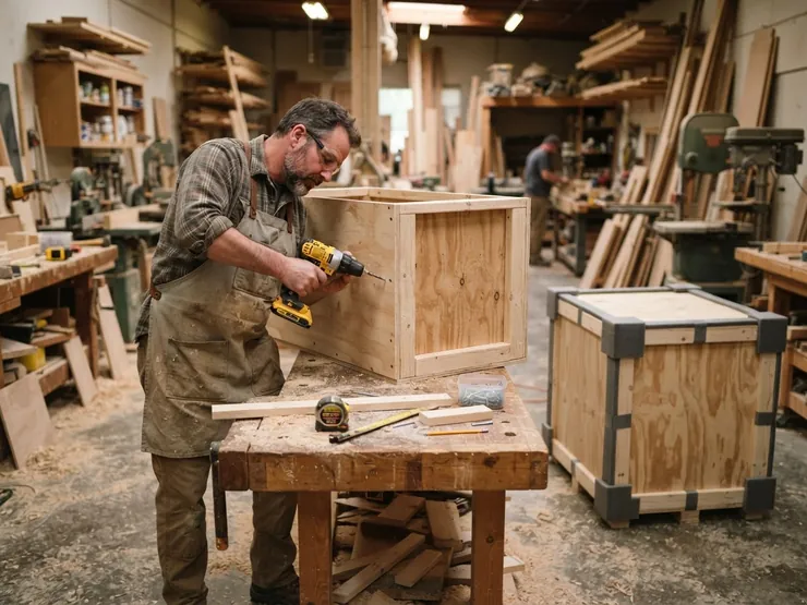 Artisan qui fabrique une caisse en contreplaqué sur mesure dans un atelier