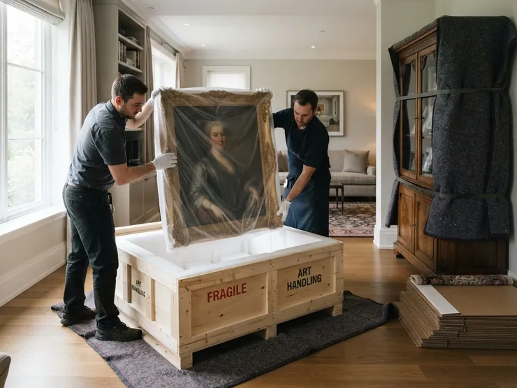 Manutentionnaires en gants blancs qui déposent un tableau encadré dans une caisse de bois garnie de mousse