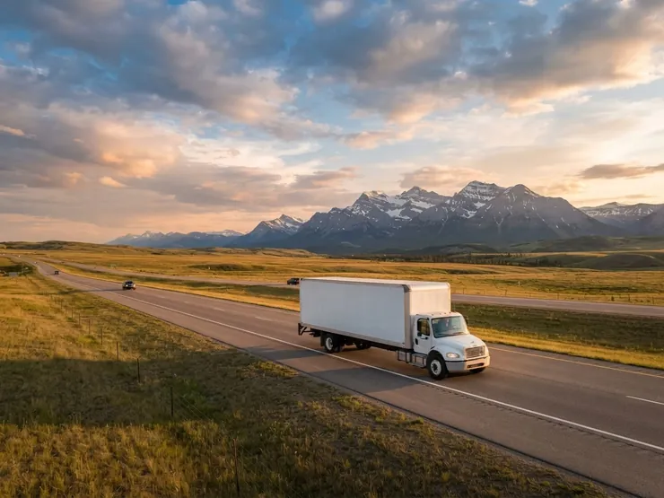 Camion de déménagement sur la Transcanadienne, dans les Prairies, avec les Rocheuses à l’horizon