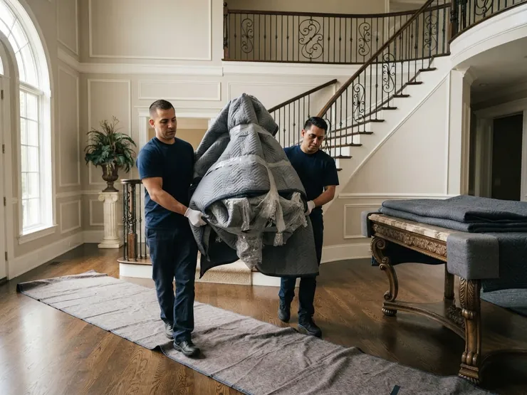 Déménageurs en gants blancs qui transportent un lustre emballé dans le hall d’une grande maison