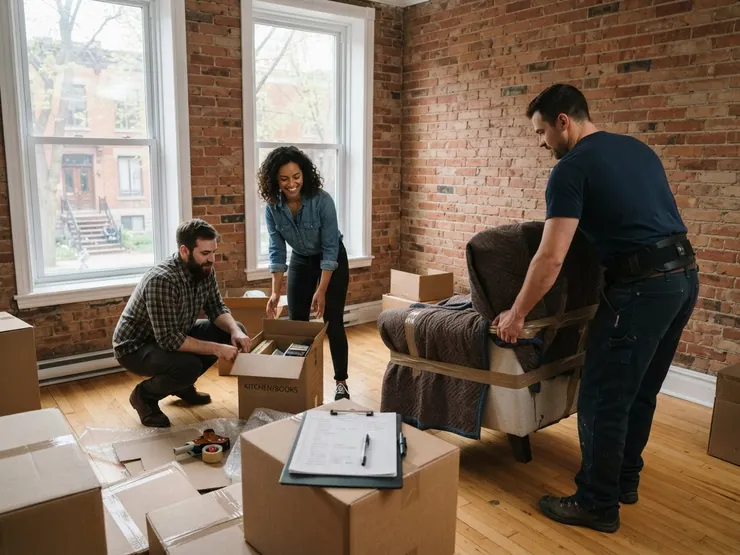 Couple qui déballe des boîtes dans un nouvel appartement montréalais pendant qu’un déménageur apporte un fauteuil emballé