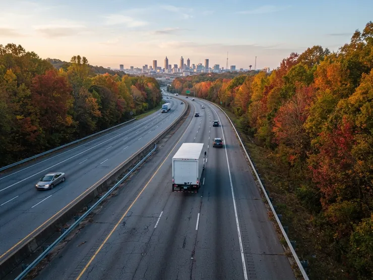 Camion de déménagement sur une autoroute bordée de forêt d’automne, vers une ville