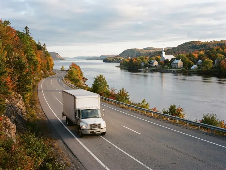 Camion de déménagement sur une route qui longe le fleuve Saint-Laurent, face à un village québécois
