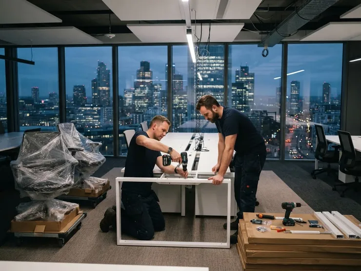 Installateurs qui montent des bureaux à la perceuse dans un bureau à aire ouverte, après les heures