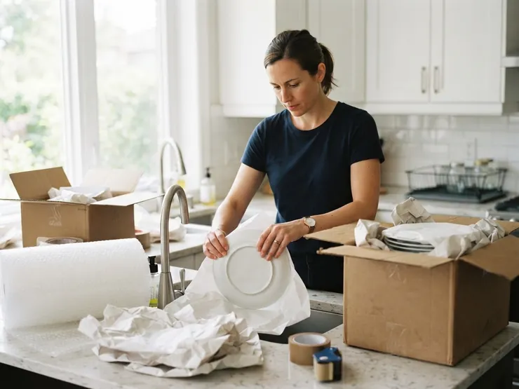 Emballeuse qui enveloppe des assiettes dans du papier d’emballage et les range dans une boîte, dans une cuisine