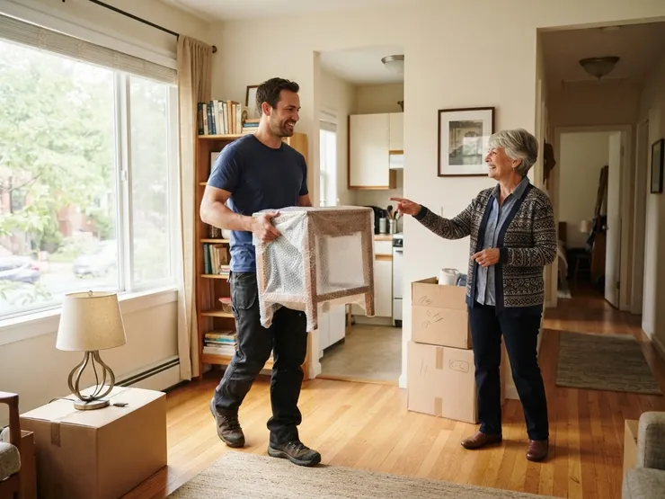 Déménageur qui apporte une petite table dans un appartement lumineux, guidé par une dame âgée